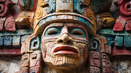 Obraz premium A colorful Mayan stone carving of a deity or figure with intricate details and vibrant colors.