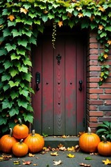 Naklejka premium Autumn foliage covered brick wall with lush green ivy and orange pumpkins, autumn leaves, outdoor, fall