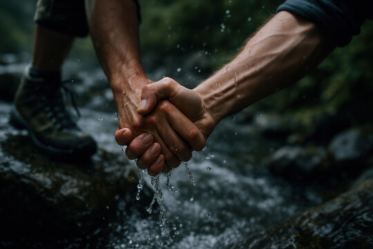 United in Nature: Holding Hands Over a Forest Stream, Shared Experience - Powered by Adobe