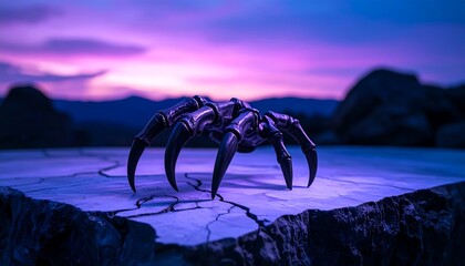Mechanical Claw on Cracked Surface with Purple Sky Background
