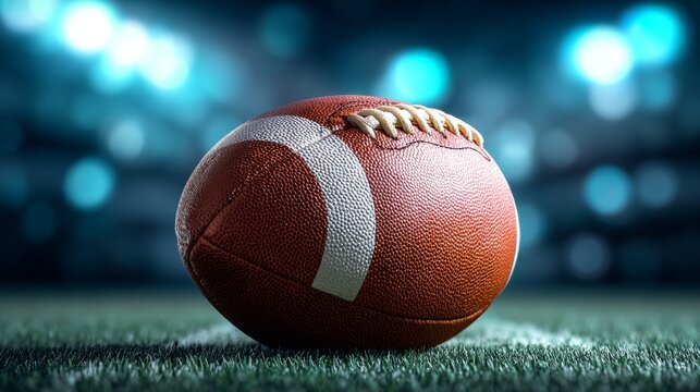 Close-up of classic brown american football lying on fresh green grass with sunlight highlighting texture for sports training, athletic practice, and team game concept - Powered by Adobe