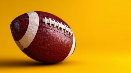 Close-up of classic brown american football lying on fresh green grass with sunlight highlighting texture for sports training, athletic practice, and team game concept