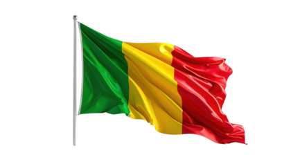 A digitally rendered image of the Beninese flag billowing in the wind against a black background.