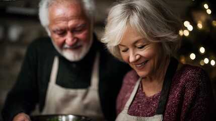 Elderly couple smiling while preparing food together in a warm festive kitchen setting