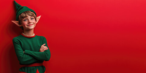 elf character pointing sideways at empty space for text bright studio background festive christmas concept playful cheerful holiday stock photo composition
