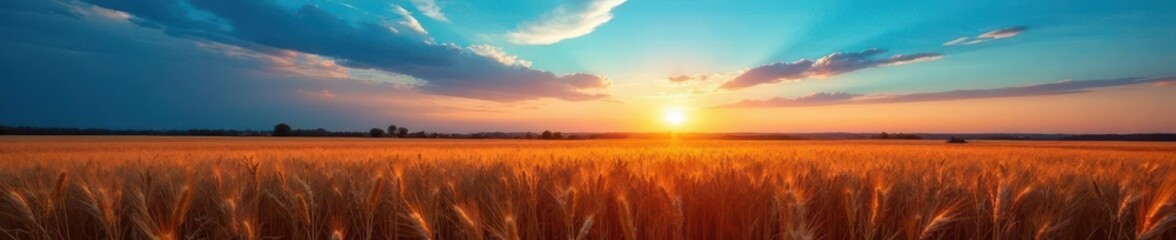 Fototapeta premium Deep twilight blue sky, golden wheat field, autumn harvest , calm, background, farm