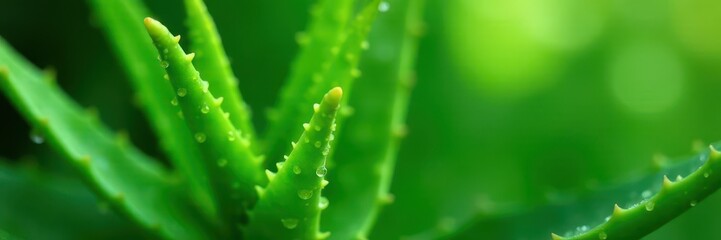 Dew-kissed aloe vera leaf, vibrant green background, nature, green, beauty