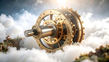 Mechanical Gears Surrounded by Clouds and Sunlight