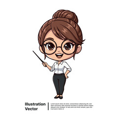 Cute cartoon teacher woman with pointer stick, friendly character illustration for education and teaching