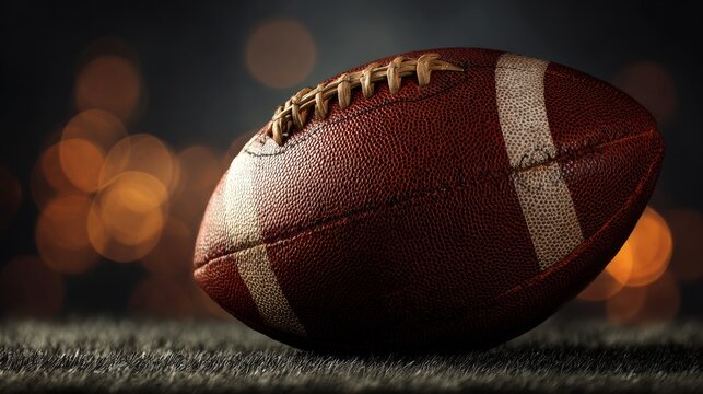 Close-up of an american football on green turf with stadium lights in the background, representing team sports, game day, and athletic competition