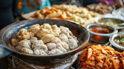 Obraz premium A variety of Asian street food, including dumplings, kimchi, and other dishes.