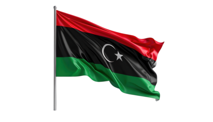 A digitally rendered, vibrant flag of Libya, with a flowing design,  set against a stark black backdrop.
