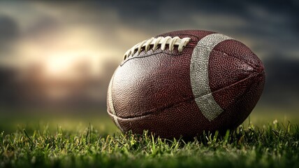 Close-up of classic brown leather american football lying on fresh green grass with sunlight highlighting texture for sports training, team practice, and athletic game concepts