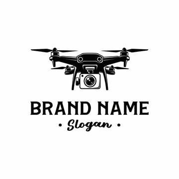 Black and white drone logo with camera and text for a brand or business.