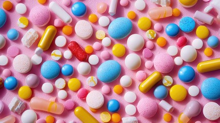 Fototapeta premium A colorful array of pills and capsules on a pink background.