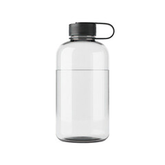 Clear water bottle with black cap on black on transparent background