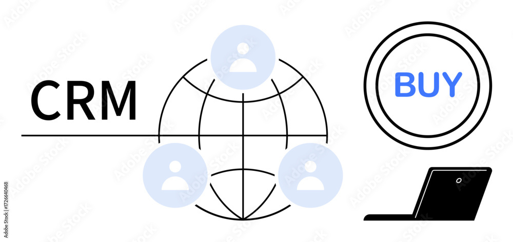 Poster crm text with globe and user icons symbolizing global accessibility, laptop representing virtual int
