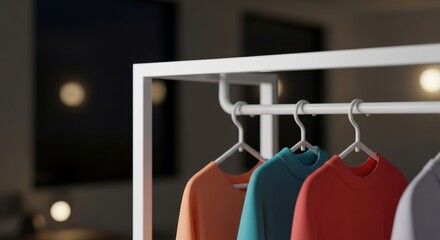 Photo of a row of colorful sweaters hanging on a white rack in a dimly lit room with soft bokeh lights in the background, creating a cozy and modern atmosphere