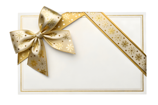 White gift voucher with gold ribbon and bow on transparent background