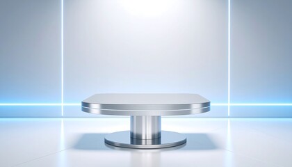 Metallic Presentation Platform Displaying Product with Blue Light Backdrop