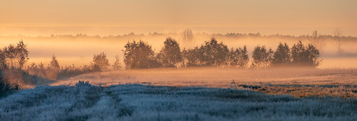 the first frost and fog at dawn in early autumn.