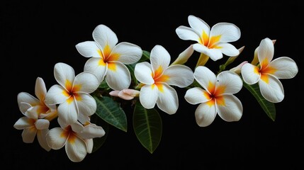 Naklejka premium A cluster of white and yellow frangipani flowers against a black background.