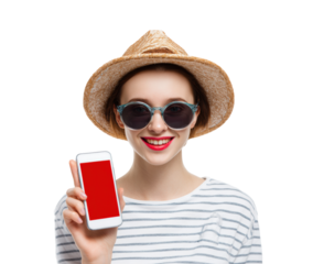 Young woman enjoying summer vacation with smartphone and sunglasses on a transparent background, cut out