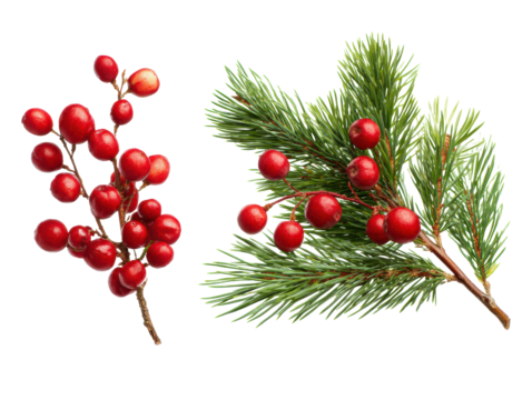 Festive red berries and evergreen branches for holiday decor on a transparent background, cut out