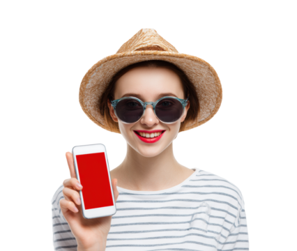 Young woman enjoying summer vacation with smartphone and sunglasses on a transparent background, cut out