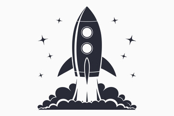 Isolated monochrome rocket launches amidst starbursts, set against a plain backdrop, perfect for themes
