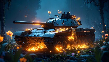 Military Tank in a Forest Surrounded by Glowing Elements