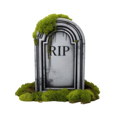 Moss covered gravestone with rip on blackground on transparent background