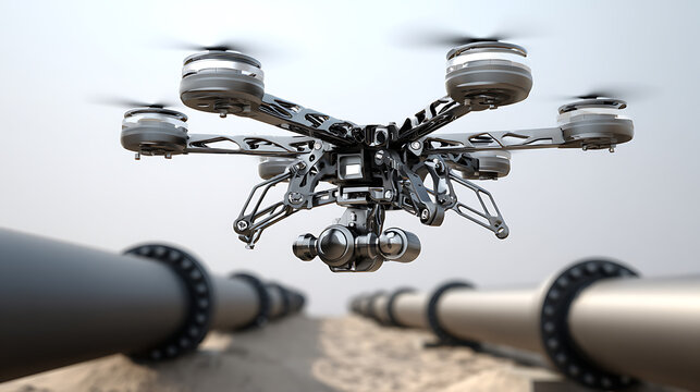 A drone with a camera flies over industrial pipes in an outdoor setting