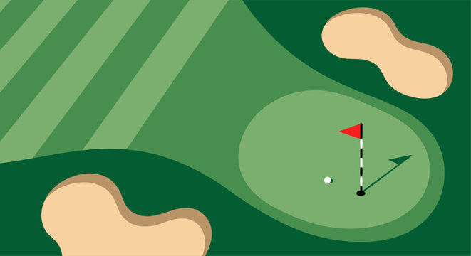 Abstract overhead view of a golf course hole with sand traps and flag on the green, a golf ball and tee are visible