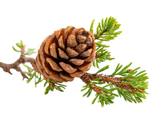 Fototapeta premium Pine cone on a branch with green needles in natural setting on a transparent background, cut out