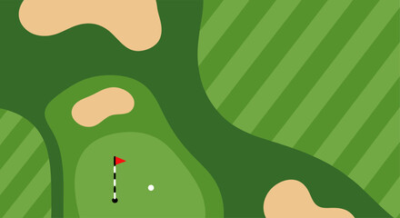 Aerial top down view of a vibrant golf course with putting green, flag, and sand bunker. Flat style vector illustration for sports background