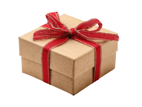 Thoughtful gift box wrapped in red ribbon for special occasions on a transparent background, cut out