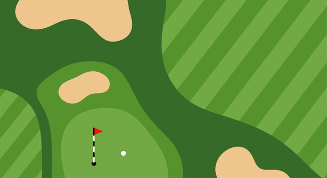 Aerial top down view of a vibrant golf course with putting green, flag, and sand bunker. Flat style vector illustration for sports background