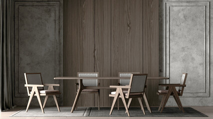 The modern minimal dining room interior design and wooden pattern wall background
