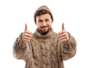 Warm knitted sweater style with cheerful man giving thumbs up on a transparent background, cut out