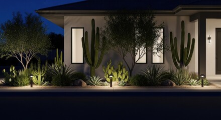 Photo of modern desert landscaping with illuminated cacti and plants in front of a contemporary house at night, creating a striking architectural exterior with ambient outdoor lighting