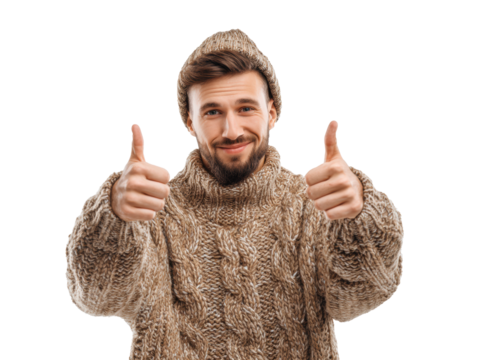 Warm knitted sweater style with cheerful man giving thumbs up on a transparent background, cut out
