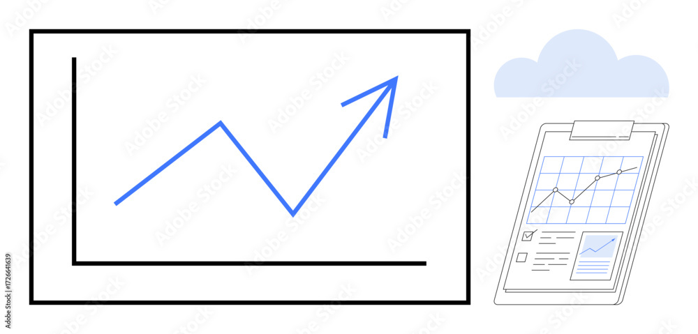 Aufkleber rising line graph on a screen and clipboard with analytics report. ideal for data analysis, business