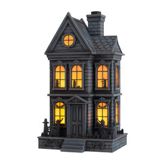 Spooky haunted house with silhouettes inside on transparent background