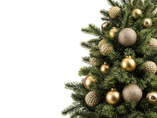 Golden ornaments on a beautifully decorated Christmas tree on a transparent background, cut out