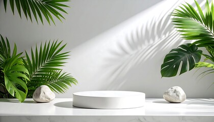 Minimalist White Product Display Podium with Tropical Green Leaves