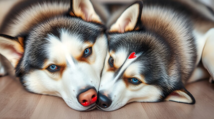 Husky dogs with red lipstick marks kiss on his heads. Siberian husky lying on the floor. Concept of love cute pet.