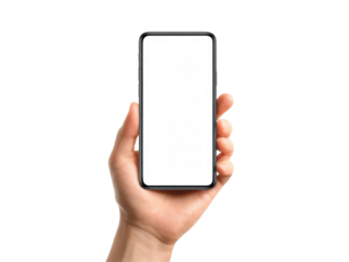 Hand holding modern smartphone with blank screen for design on a transparent background, cut out