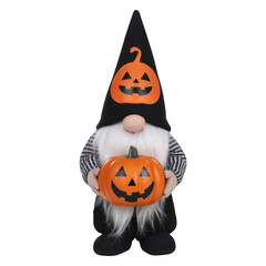 Halloween gnome holding a pumpkin decoration on transparent background