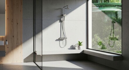 Photo of a modern bathroom interior featuring a sleek shower system with a rainfall showerhead, set against a concrete wall and a large window overlooking lush greenery